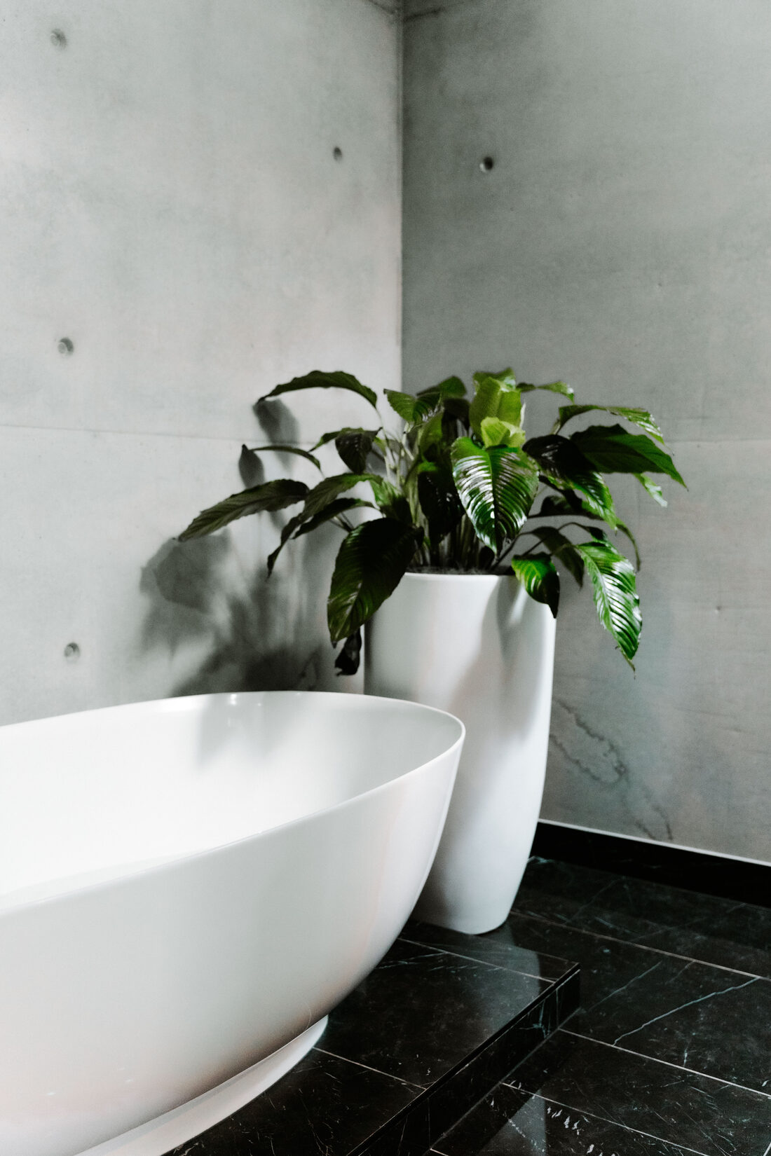 Freestanding bath against raw concrete